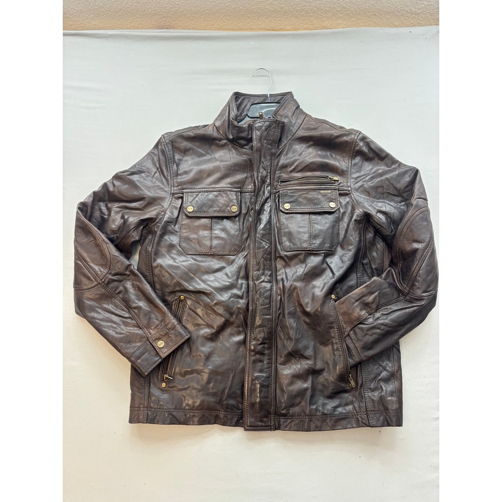 GUESS Mens Genuine Leather Jacket Dark Brown Military Full Zip Mock Neck Large